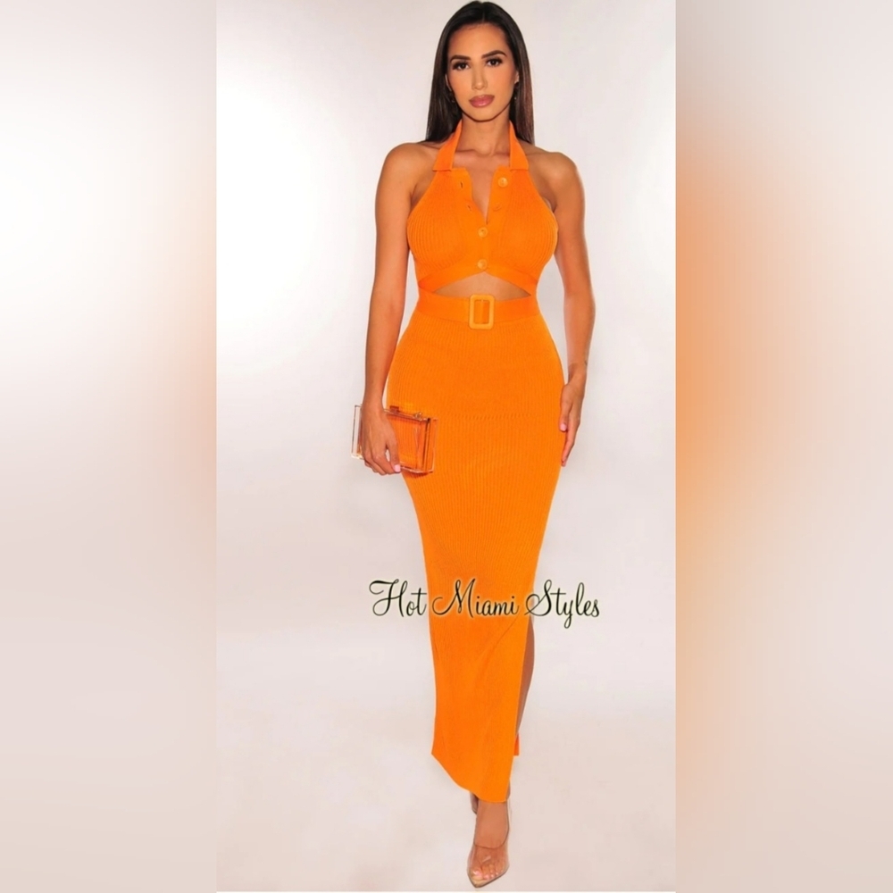 HOT MIAMI STYLES Tangerine Collared Ribbed Knit Cut Out Belted Dress. Size L NWT